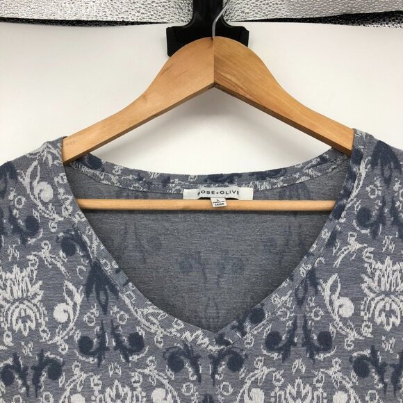 Rose & Olive Blue and White V-neck Abtract print  T-Shirt Lattice Detailing LG - Picture 11 of 14